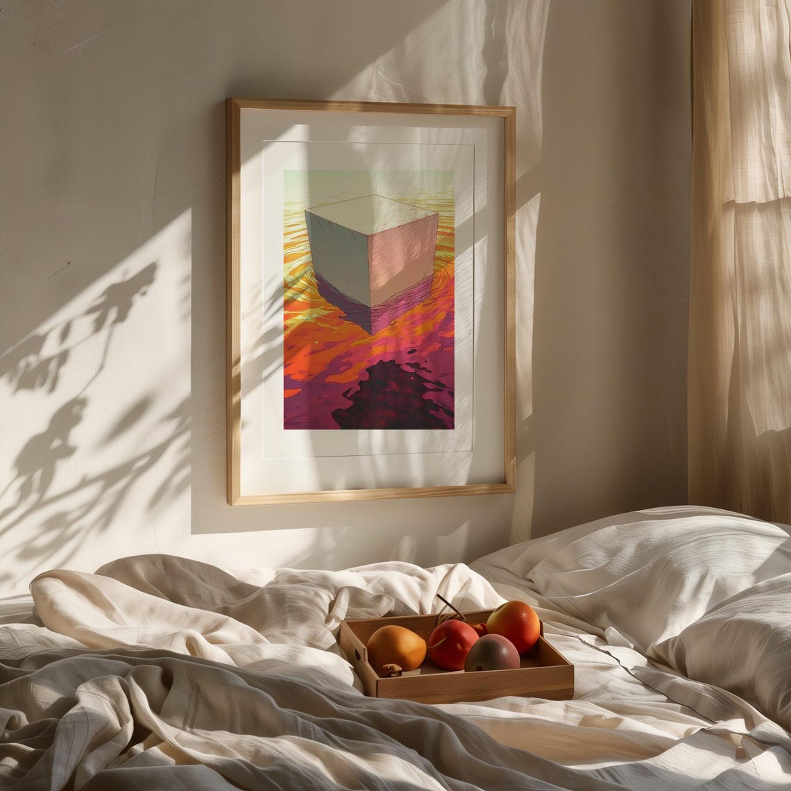 Surreal Minimalist White Cube On Sunset Pink Ocean Art Poster