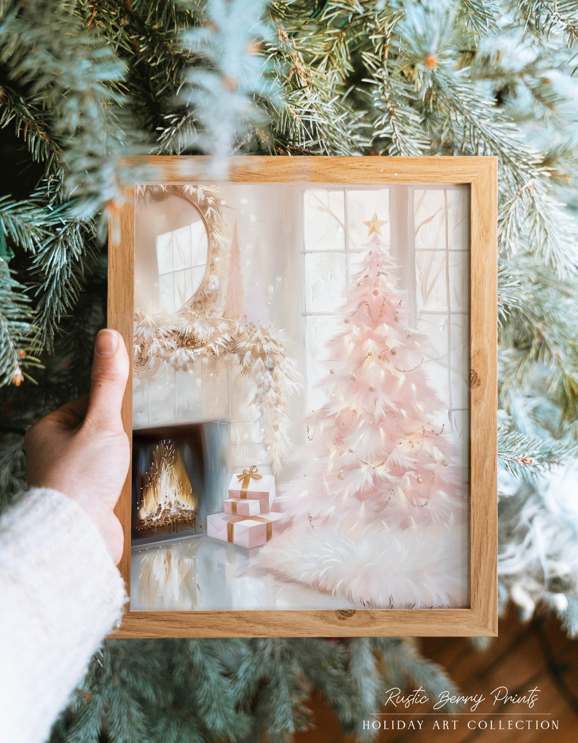 Pink Christmas Tree Fireplace Cozy Mantel Holiday Glow Wall Art