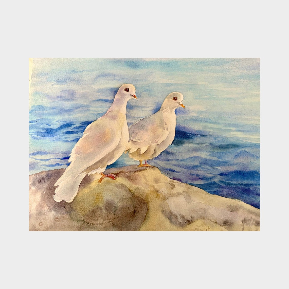 Two White Doves by the Blue Sea Watercolor Peaceful Bird Poster - Image 3
