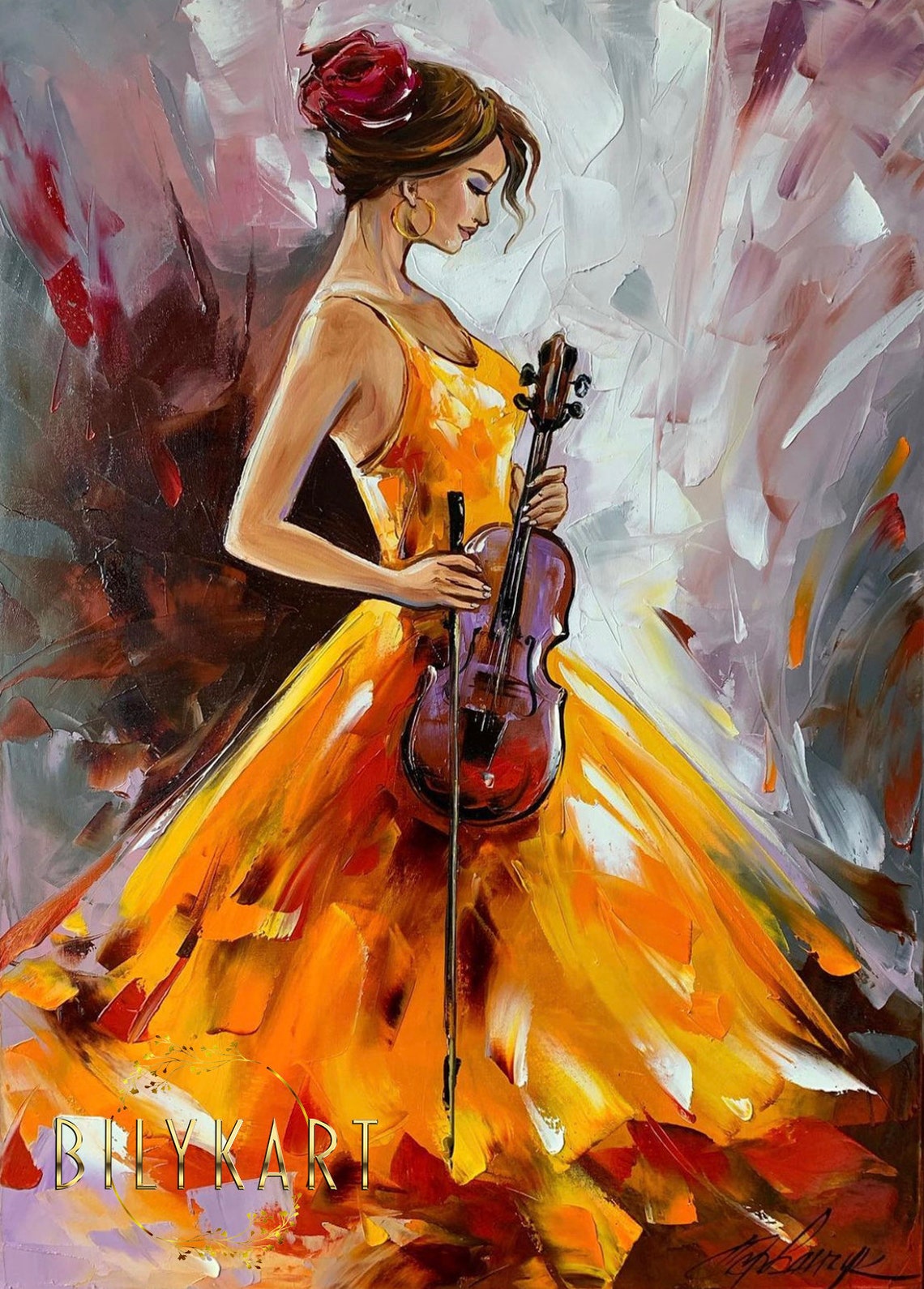 Abstract Girl Painting Beautiful Woman Art Violin Oil Painting Figurative Art Abstract Music Art Original Modern Woman In Dress Painting - Image 3