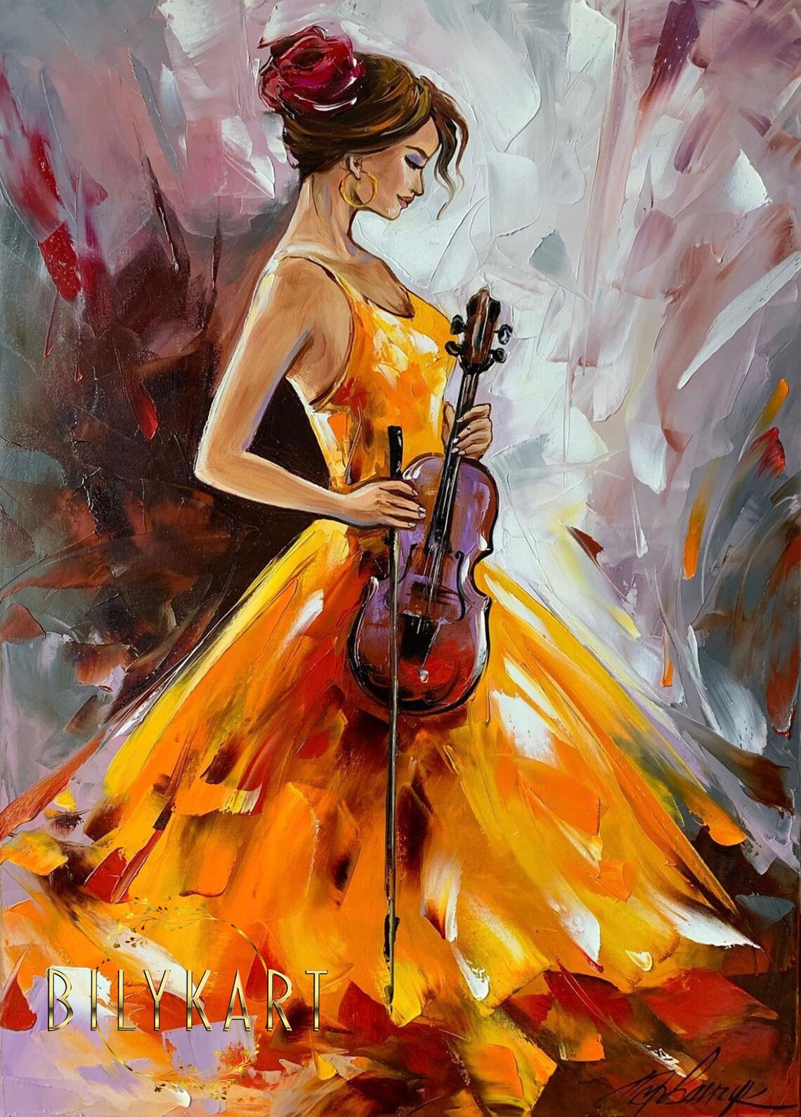 Woman Orange Dress Violin Player Golden Abstract Musician Oil Painting Poster - Image 3