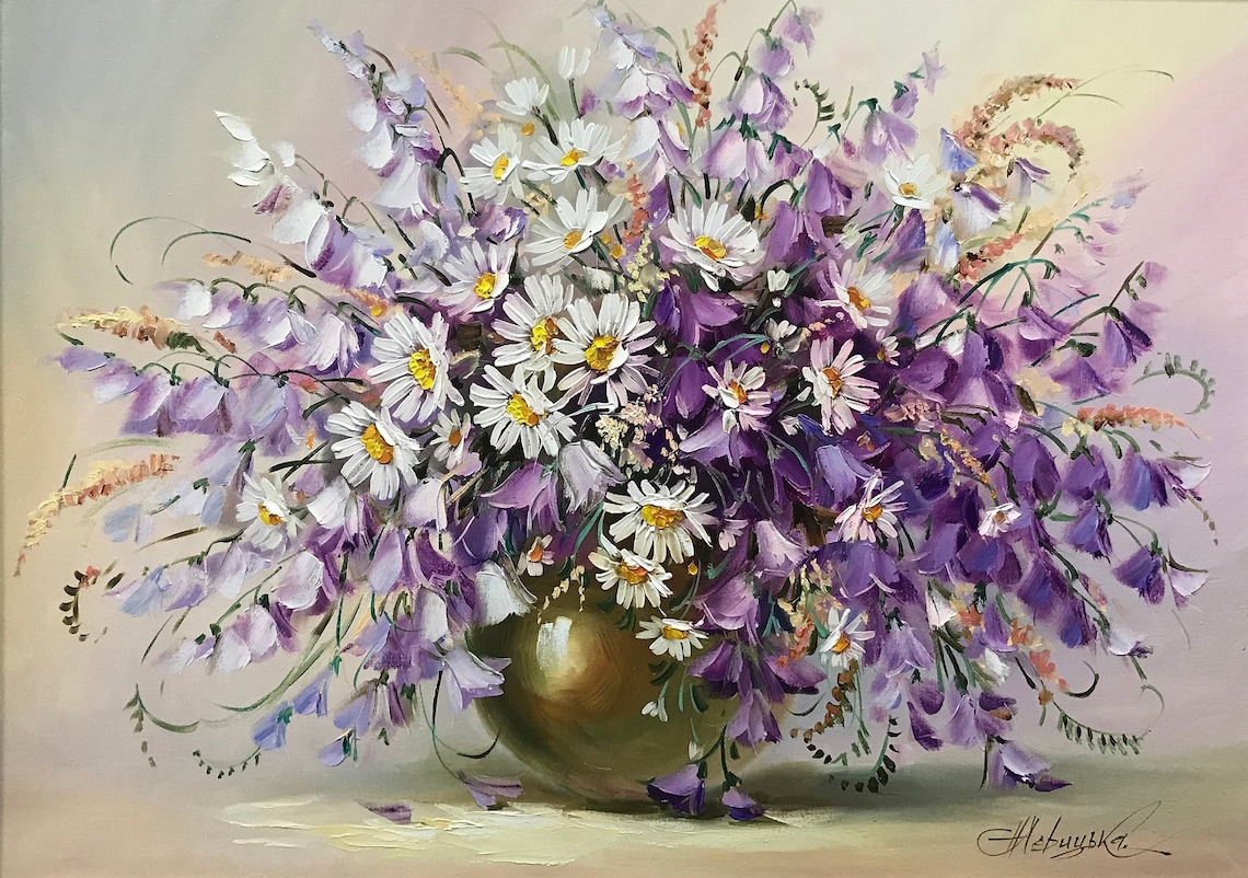 Purple Flowers Oil Painting, Daisies and Bluebells Art Print