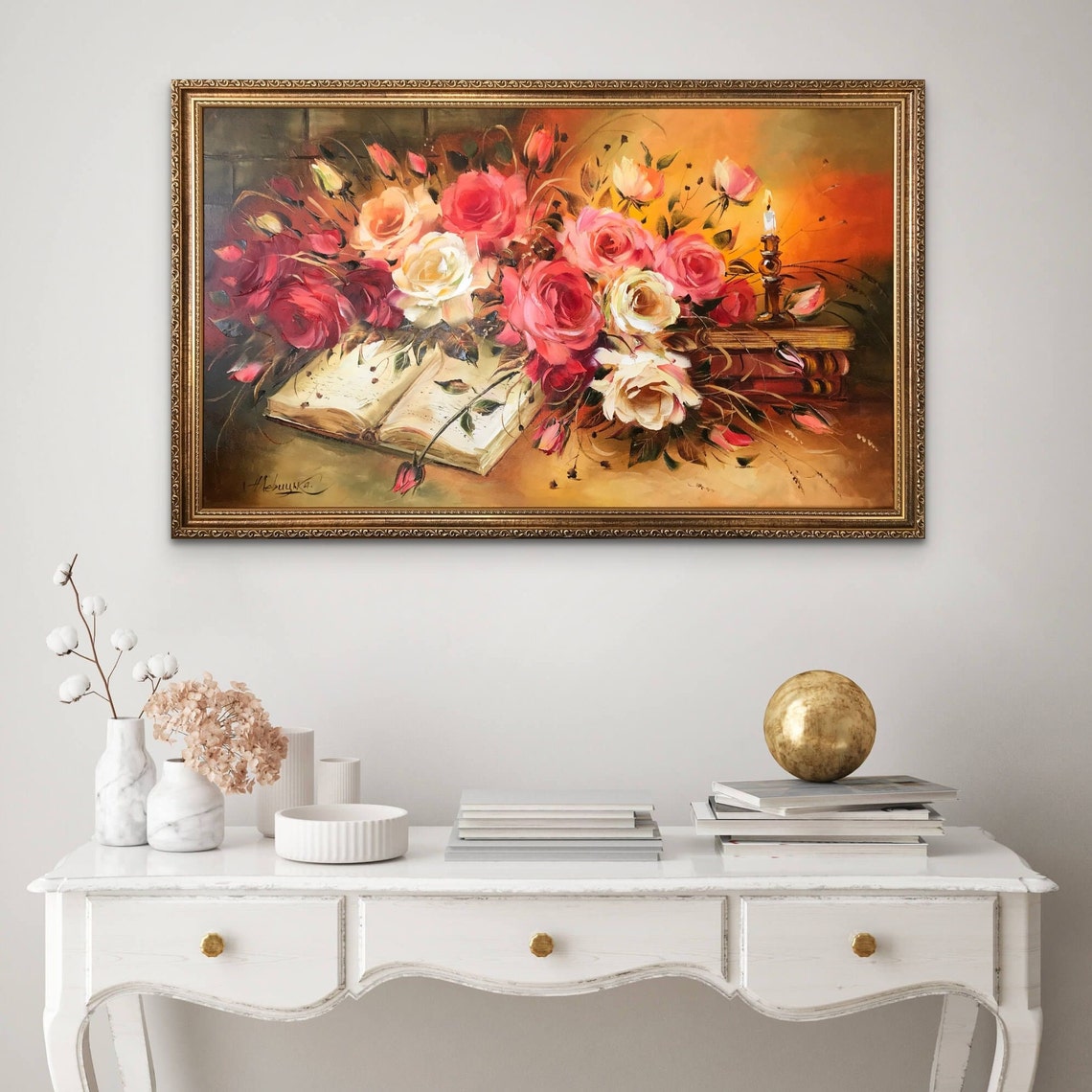 Vintage Roses Oil Painting Original Hand Painted Floral Art Classical Roses Painting Vintage Flowers Paintings Rose Flowers Wall Art - Image 2