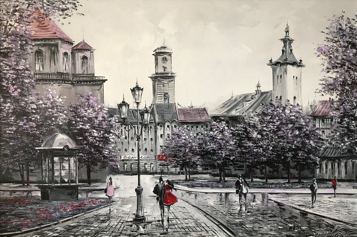 Lviv Ukraine Oil Painting Original Black White Cityscape Paintings Ukrainian Wall Art Ukraine Art Painting City Street Painting On