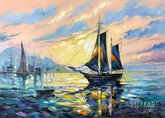 Sailboat Painting Abstract Sail Boat Wall Art Painting Sailboat In The Ocean Seascape Oil Painting Original Nautical Art Sailboat Modern Art