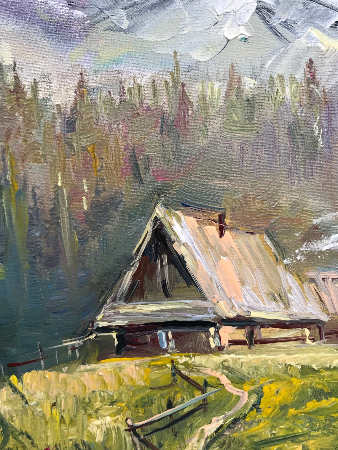 Smoky Mountains Painting Countryside Painting Pine Tree Wall Art Barn Nature Oil Painting Forest Decor Original Ukrainian Plein Air Painting - Image 3