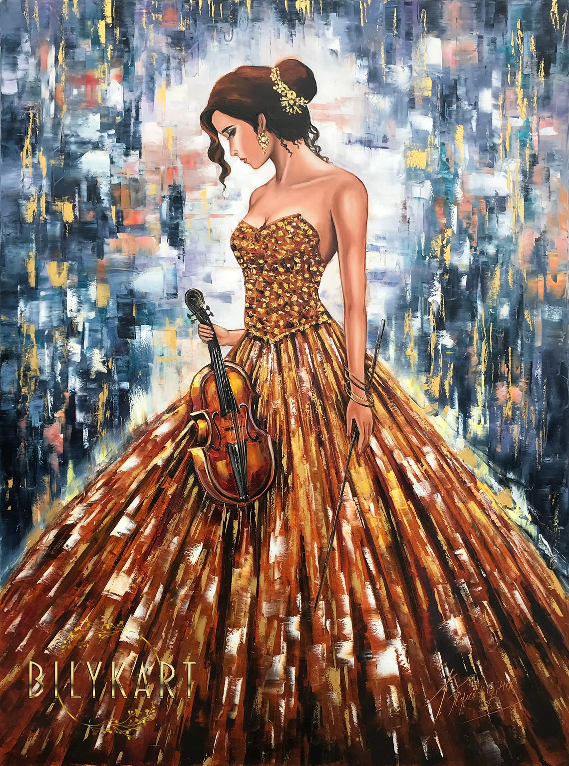 Elegant Woman Gold Gown Holding Violin Musician Figurative Art Poster - Image 3
