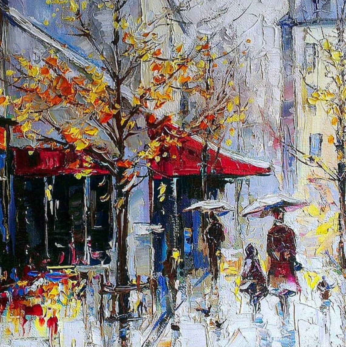 Abstract Cityscape Oil Painting Original European Street Scene Art Vibrant Cityscape Painting Europe Rainy City Street Art European Gifts - Image 2