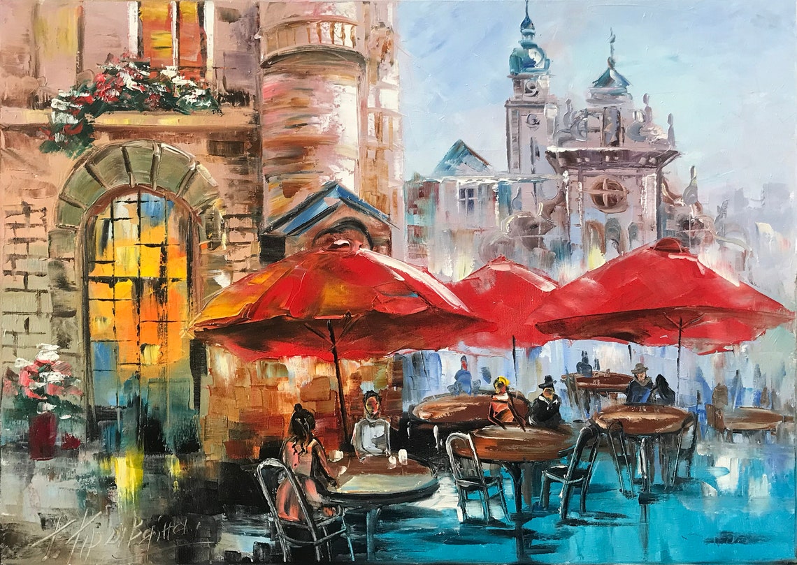 Paris Cafe Red Umbrellas Terrace Historic Square France City Poster