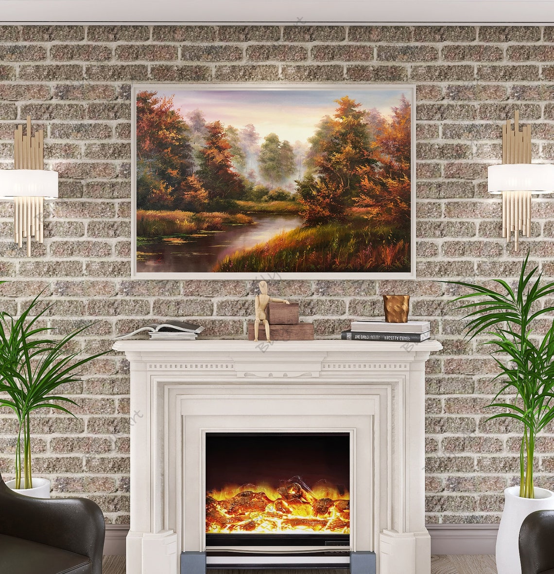 Autumn Oil Painting On Landscape Foggy Forest River Painting Dark Nature Wall Art Original Framed Plein Air Painting - Image 3