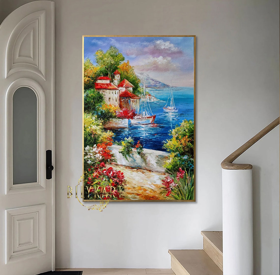 Mediterranean Sea Oil Painting Original Italy Painting Scenery Wall Art Italian Seaside Painting Beautiful Italian Landscape Paintings - Image 3