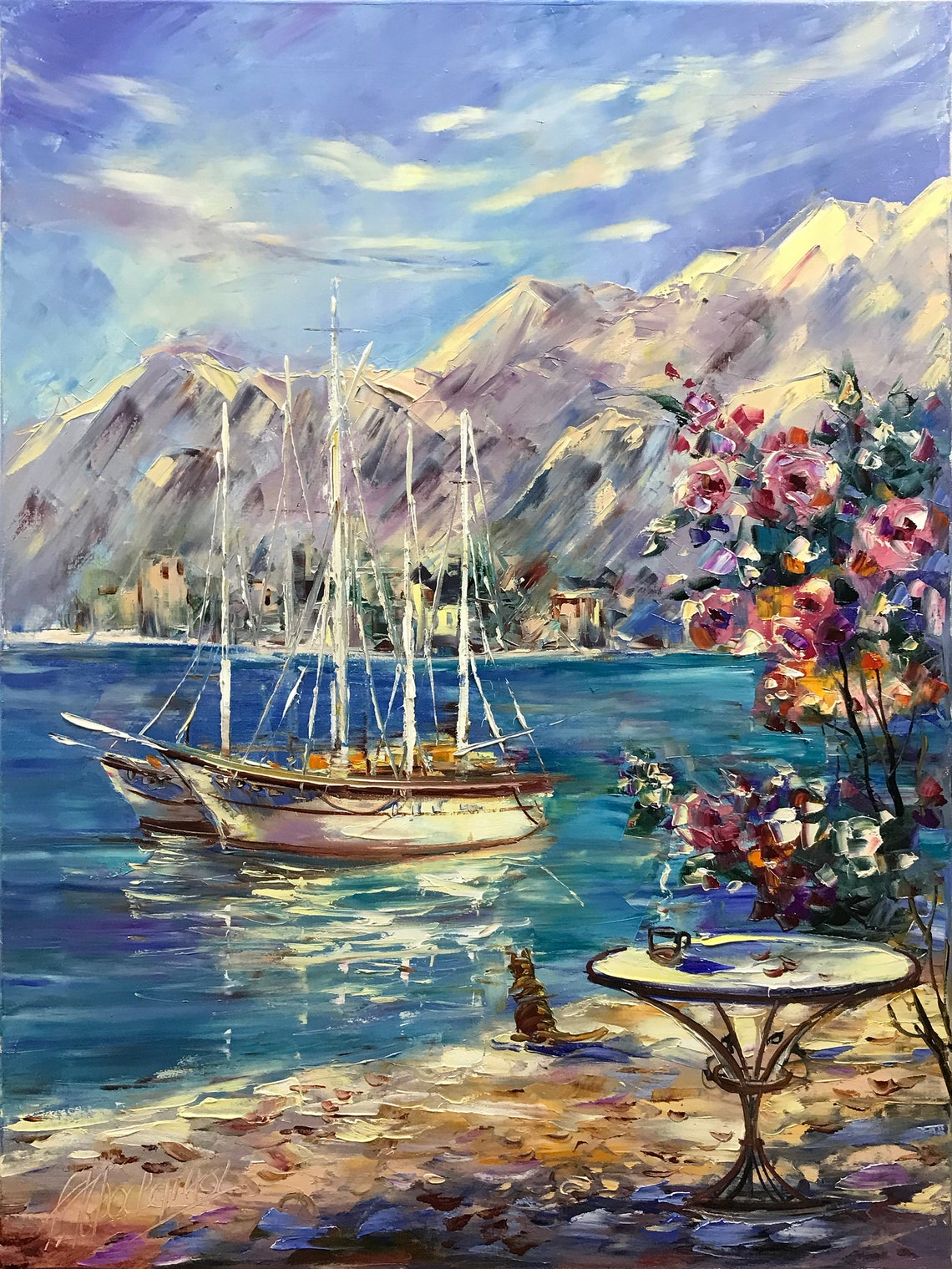 Amalfi Coast Italy Oil Painting Original Italian Painting Large Italy Scene Wall Art Boat Painting Italy Coast Art Positano Coast Painting - Image 2