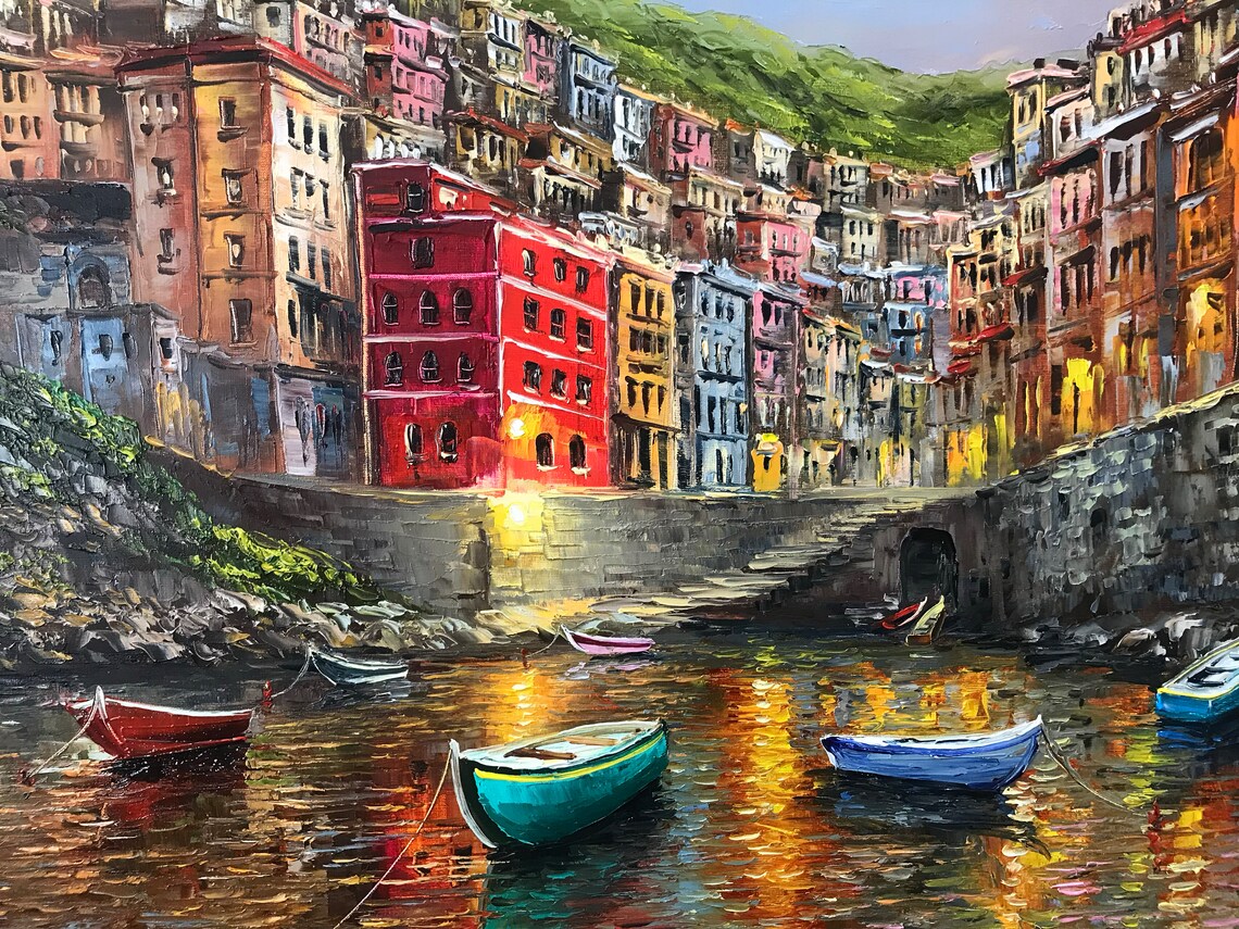 Cinque Terre Italy Riomaggiore Sunset Harbor Boats Oil Painting Poster - Image 2
