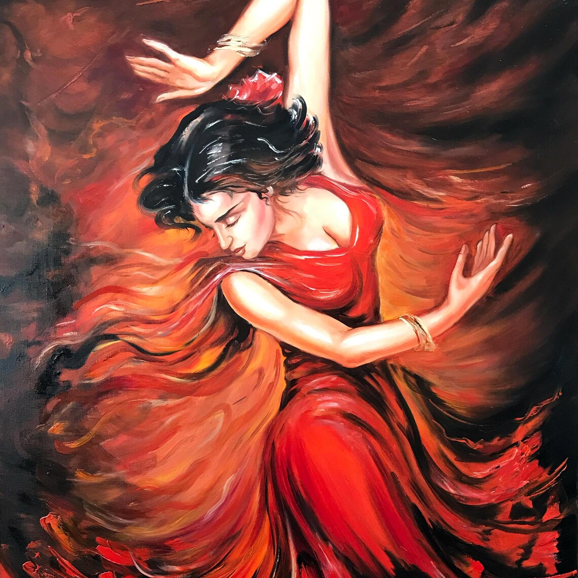 Flamenco Dancer in Red Dress Oil Painting Art Print - Image 3