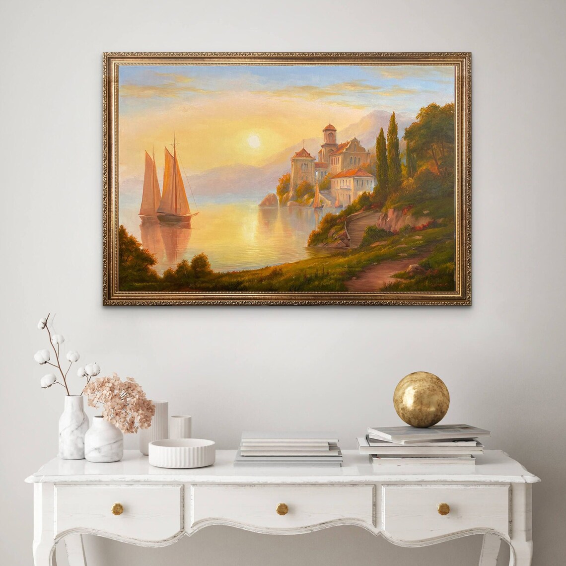 Lake Como Italy Sunset Sailboats Lakeside Villa Golden Glow Poster - Image 3