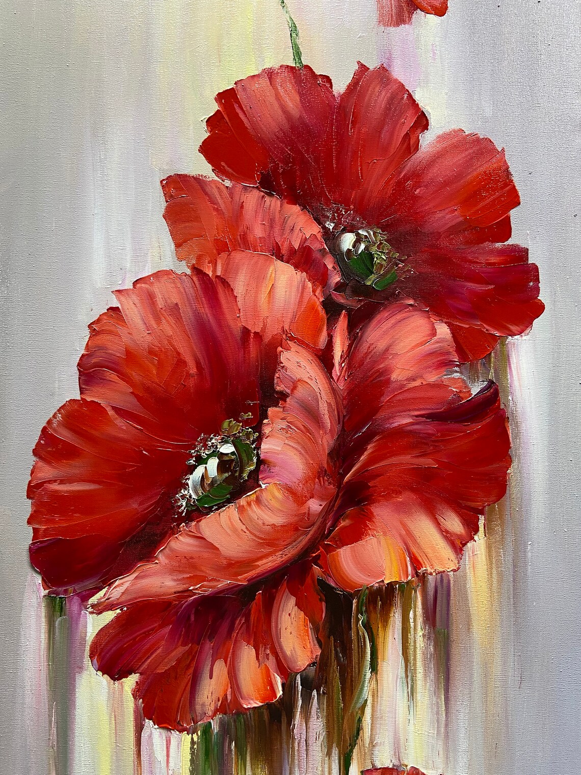 Long Narrow Wall Art Large Poppy Flowers Oil Painting Tall Wall Art Red Flowers Painting Long Painting Vertical Narrow Kitchen Wall Decor - Image 3
