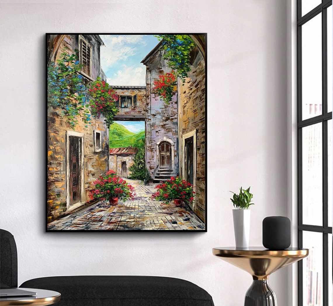 Italian Village Stone Archway Courtyard Geraniums Oil Painting Poster - Image 3