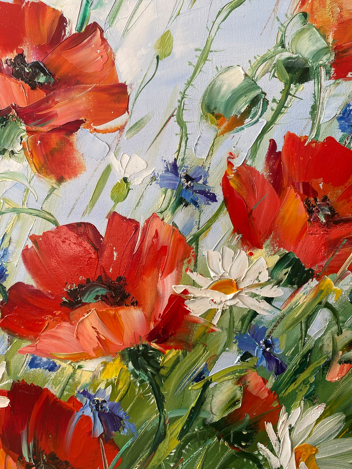 Red Poppies Daisies Cornflowers Windy Meadow Oil Painting Art Poster - Image 2