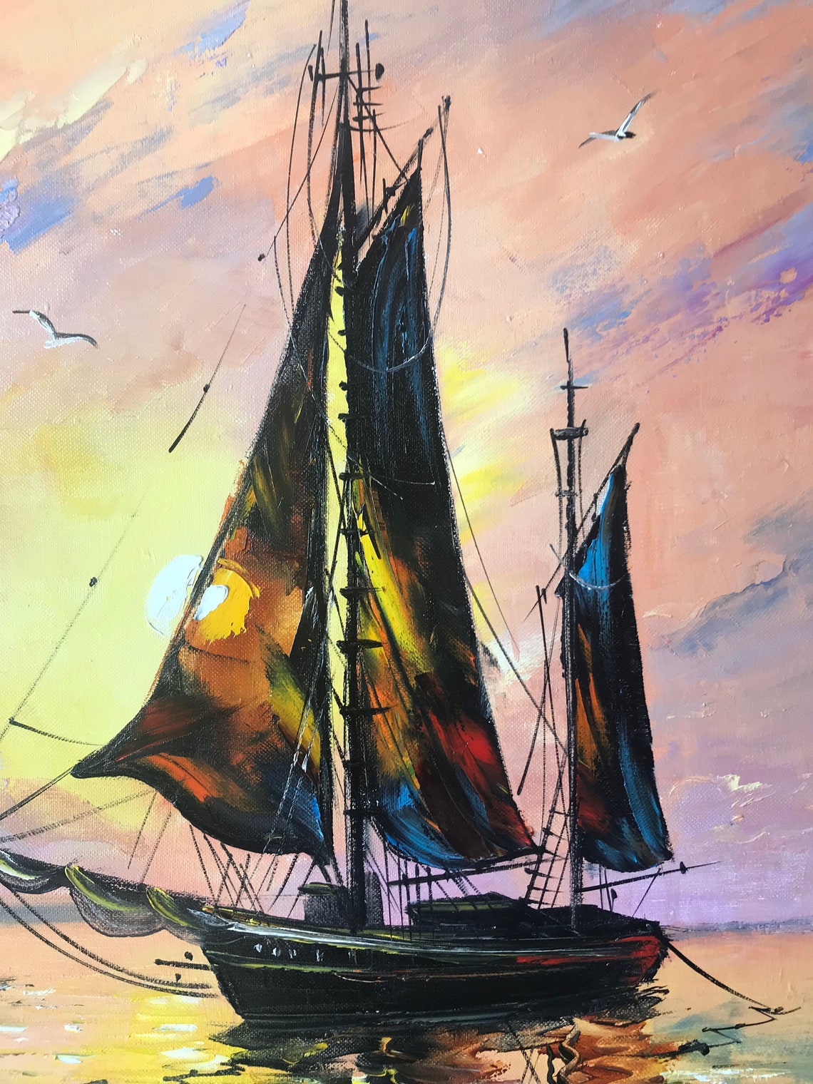 Sailing Ship Oil Painting Original Harbour Boat Painting On Lake House Decor Yacht Painting Boat Sunset Art Sailboat Painting - Image 2