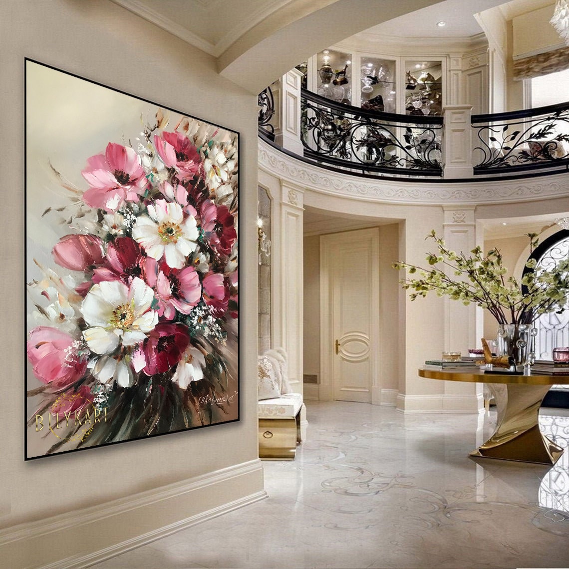 Pink White Poppies Bright Large Blooming Flowers Floral Art Poster - Image 2