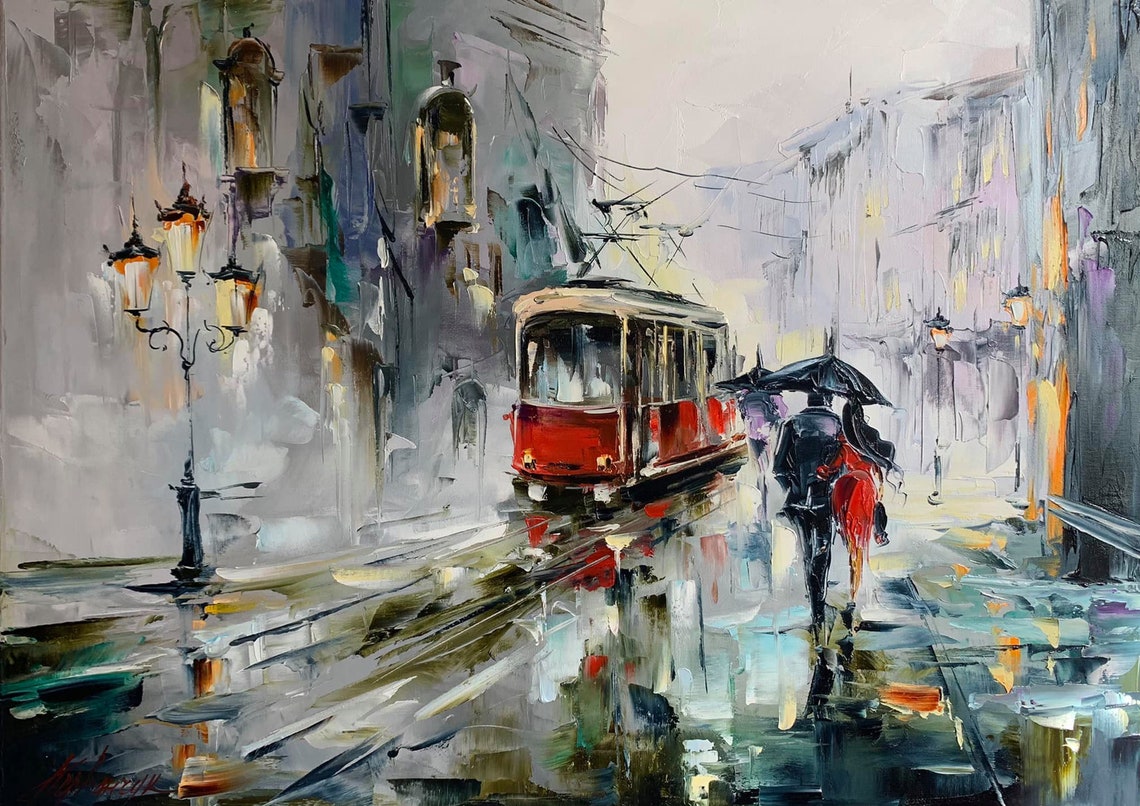 Rainy City Street Painting On Landscape City Artwork Prague Painting Original European Wall Art Large City Scape Oil Painting
