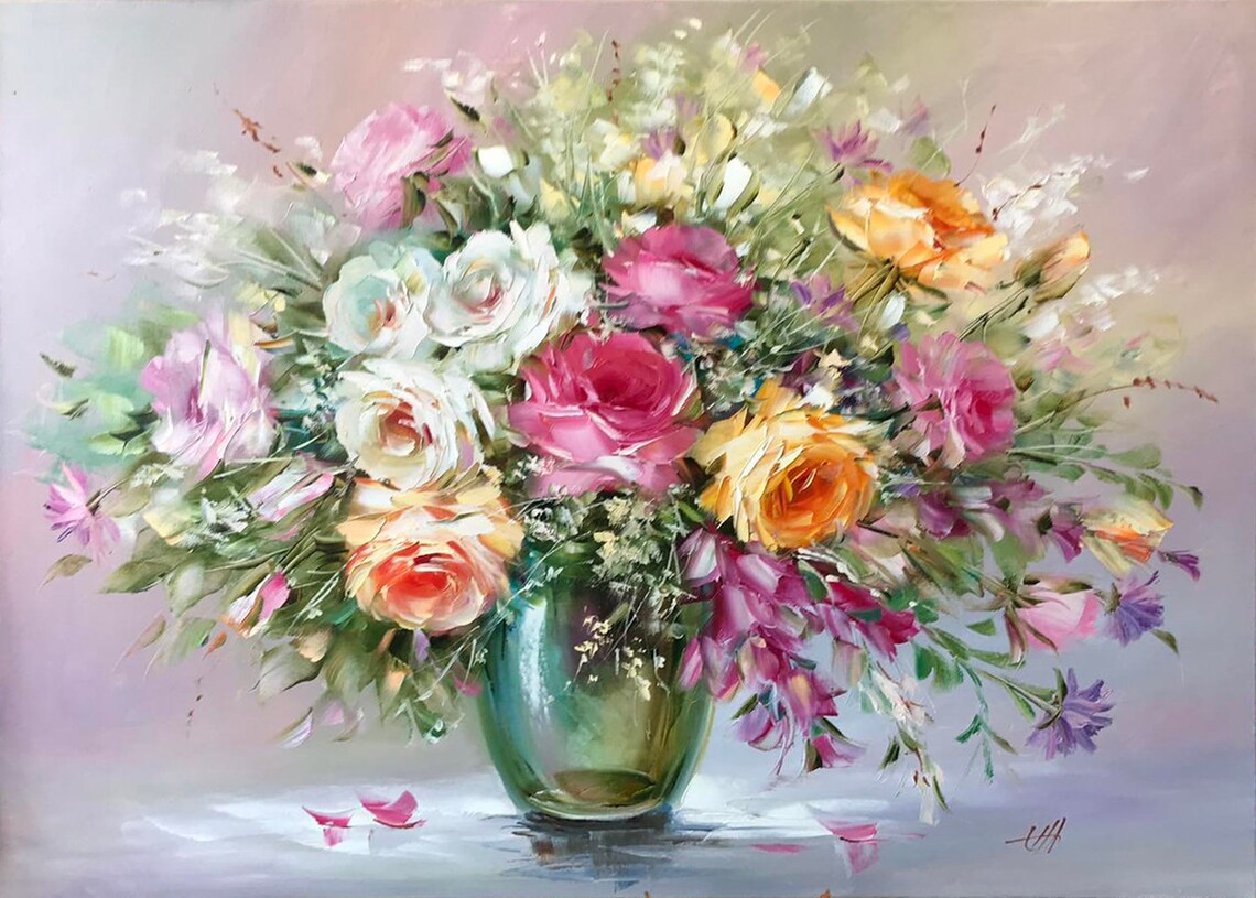 Colorful Rose Bouquet Green Vase Oil Painting Pastel Floral Art Poster