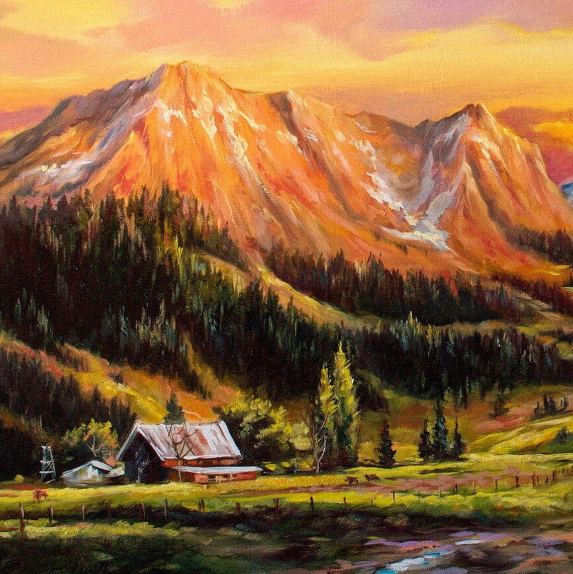 Rocky Mountain Sunset Peaks Pine Forest Valley Cabin Travel Poster - Image 2