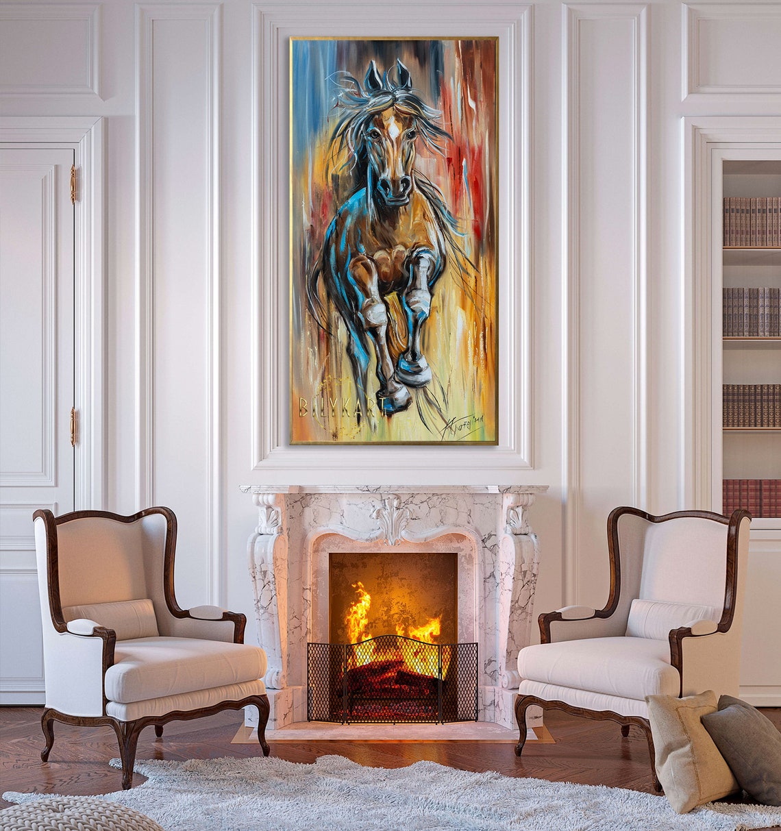Galloping Brown Horse Abstract Blue and Gold Streaks Western Poster - Image 2