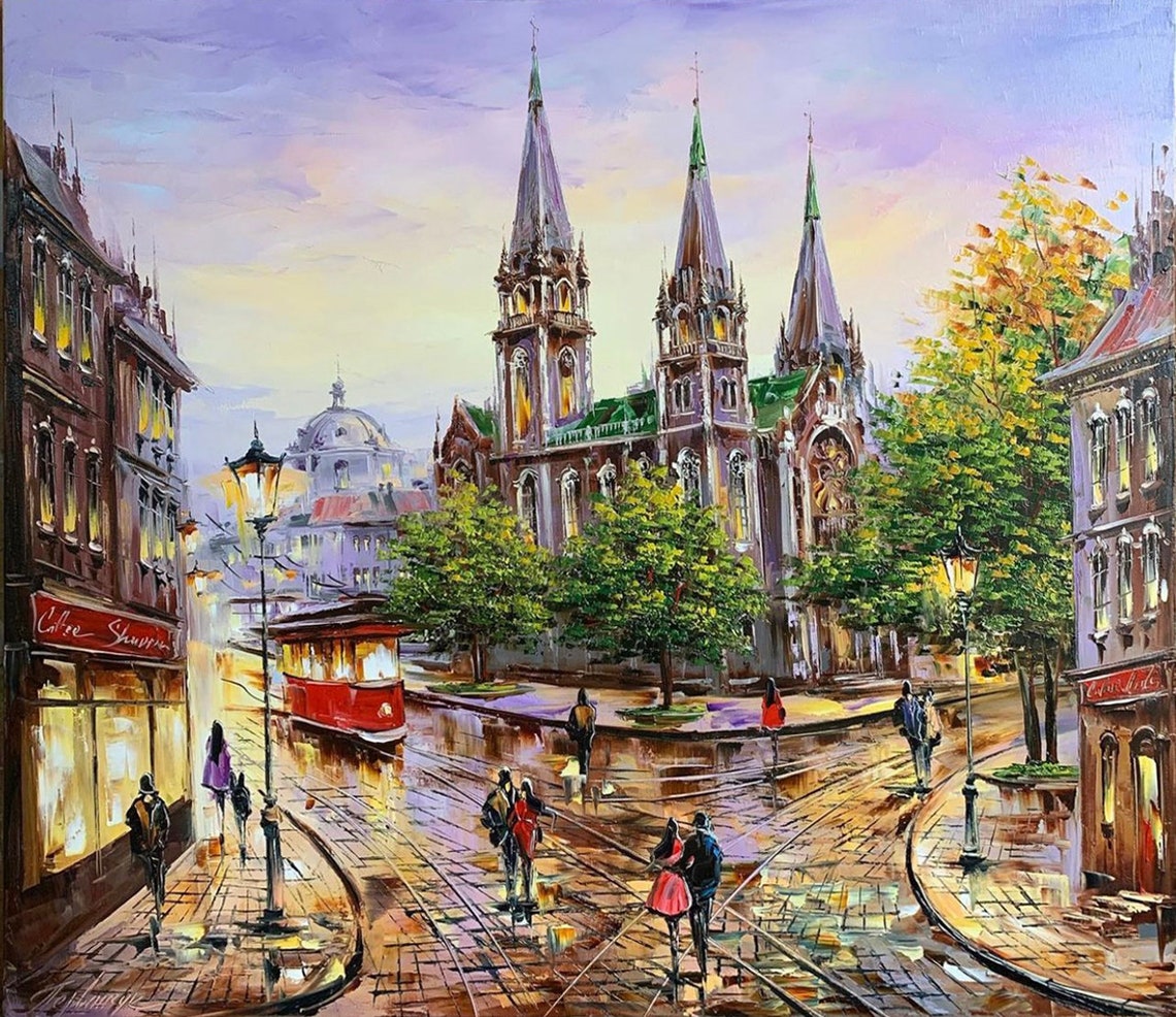 Large City Scene Oil Painting Original European City Wall Art Colourful Town Painting On European Street Scene Paintings Europe Art