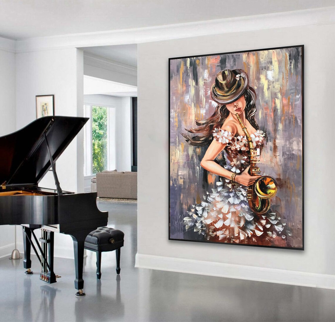 Woman Playing Saxophone Hat Floral Dress Abstract Jazz Music Oil Painting Poster - Image 3