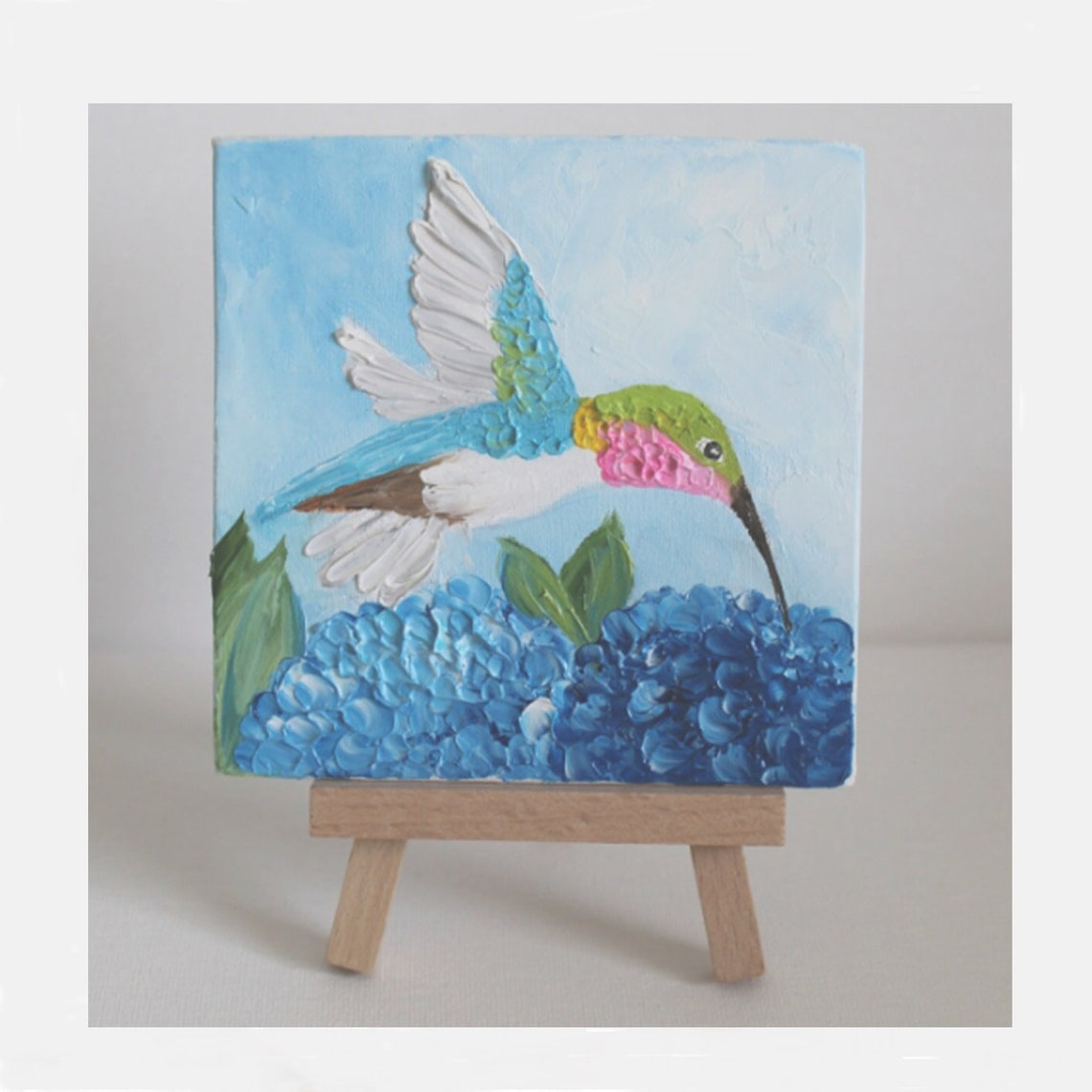 Hummingbird over Blue Hydrangea Impasto Mini Painting Bird Poster - Image 5