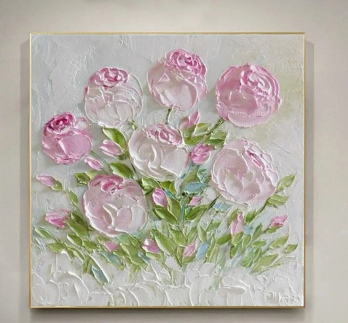 Soft Pink Peonies Impasto Oil Painting Framed Floral Art Poster - Image 2