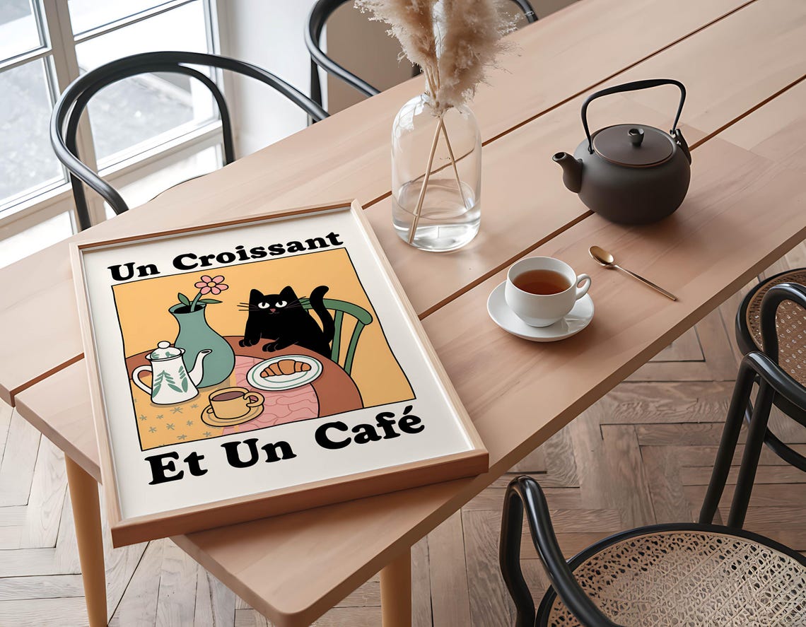 Un Croissant Et Un Café Cat, Vintage Kitchen Art Print - Image 3
