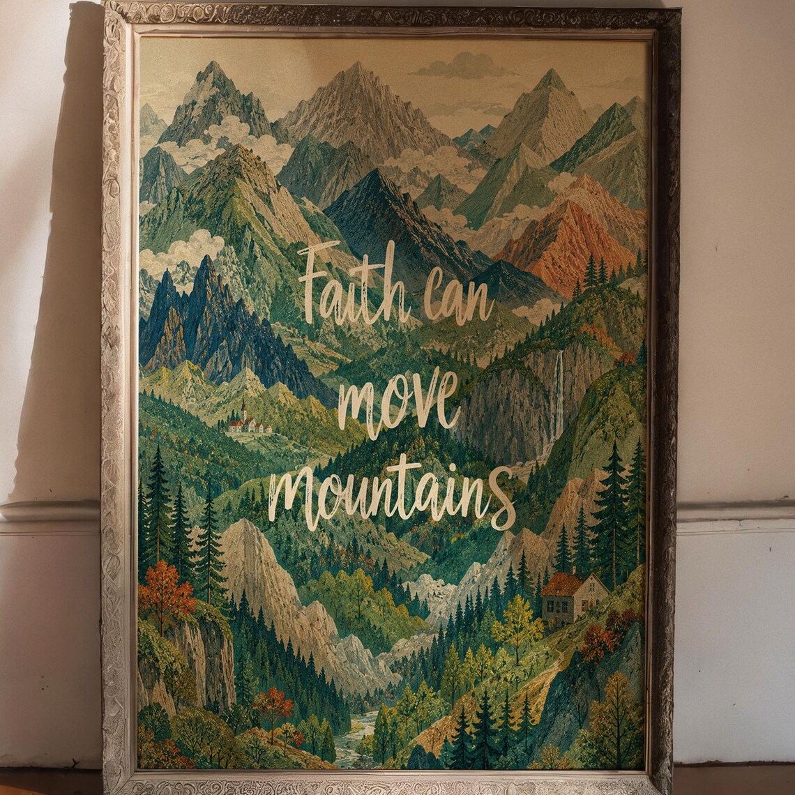 Faith Can Move Mountains Vintage Alpine Landscape Quote Poster