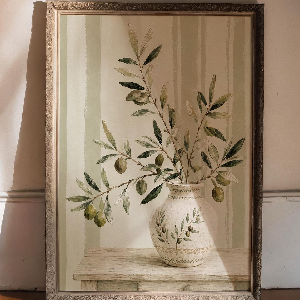 Olive Branch Vase Wall Poster Mediterranean Botanical Print Sage Green Kitchen Decor