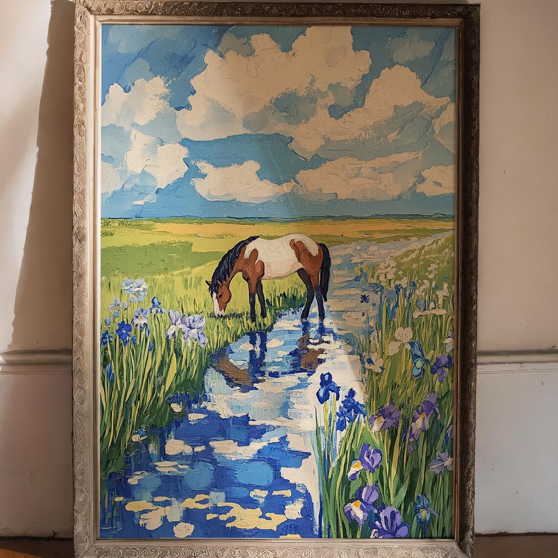 Pinto Horse Drinking at Stream Poster Iris Meadow Impressionist Landscape Painting