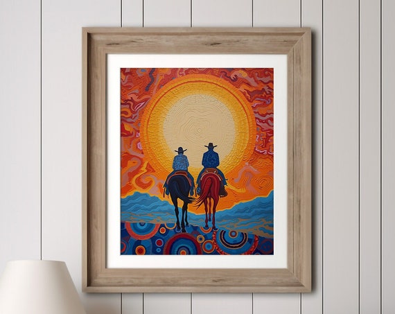 Cowboy Horseback Riders At Dusk Art Print Western Home Decor
