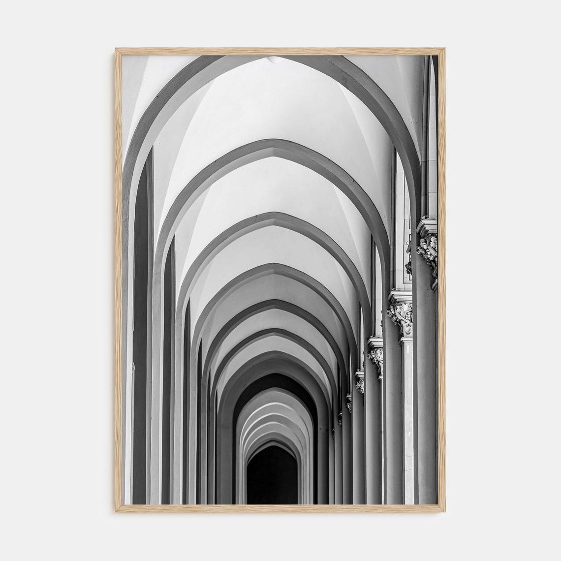 Black and White Repeating Gothic Arches Corridor View Poster
