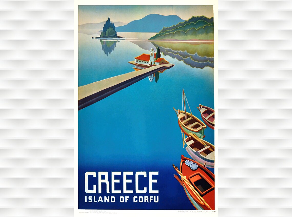 Greece Island of Corfu Vintage Greek Island Seaside Travel Poster