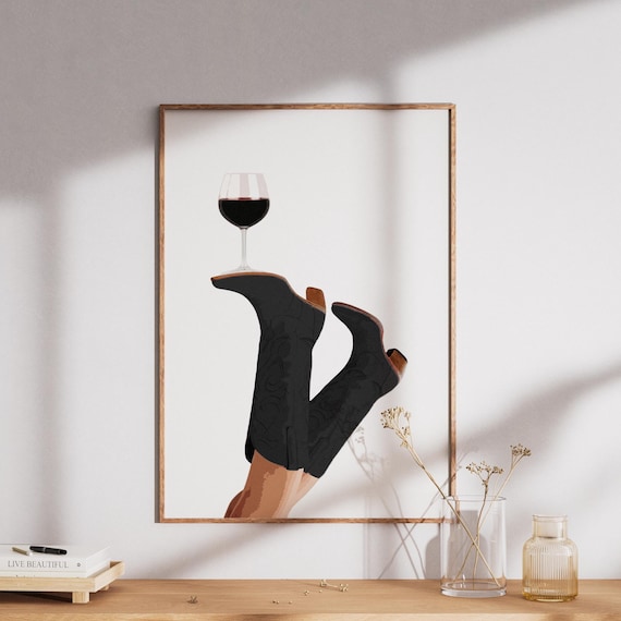 Bold Sleek Black Cowgirl Boots Red Wine Glass Western Bar Poster