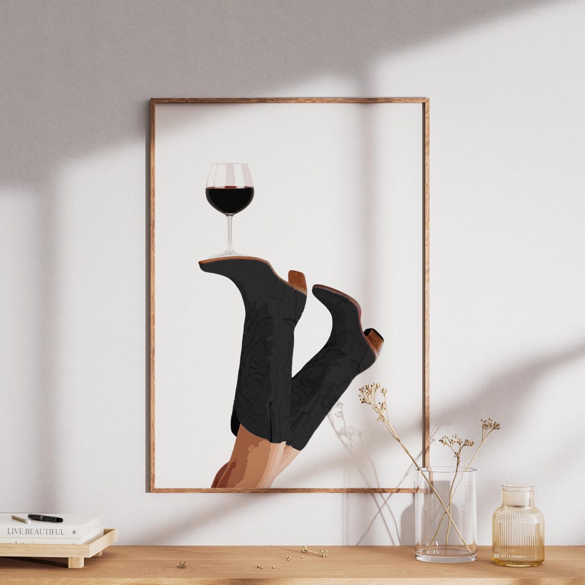 Black Cowgirl Boots Red Wine Coquette Poster Print Rodeo Preppy Western Wall Art