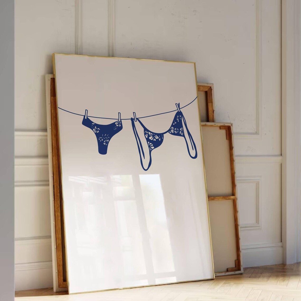 Navy Blue Bikini Clothesline Coastal Line Art Wall Poster for Bathrooms