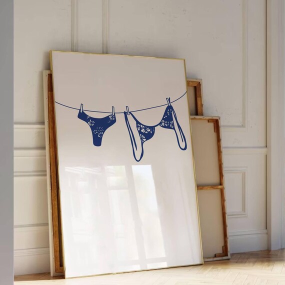 Navy Blue Bikini Clothesline Coastal Line Art Wall Poster for Bathrooms