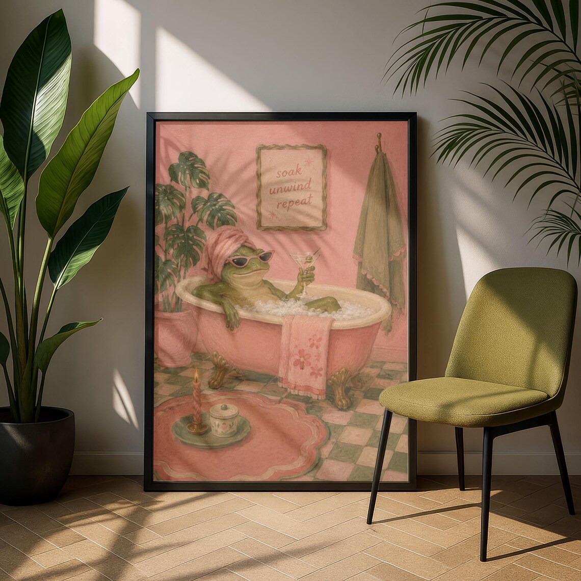 Frog in Pink Bathtub Spa Poster Cottagecore Bathroom Soak Unwind Repeat Art