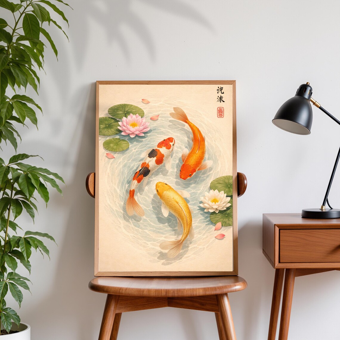 Japanese Koi Fish Pond Print, Japandi Zen Decor