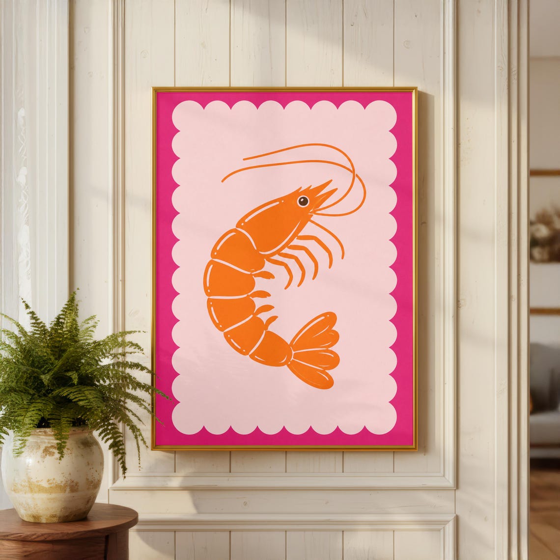 Orange Shrimp Scalloped Frame Pink Maximalist Coastal Kitchen Poster