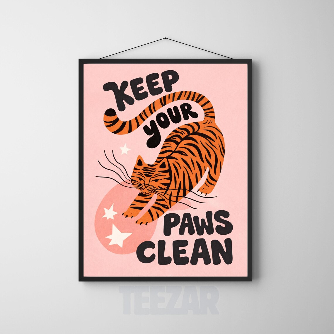 Keep Your Paws Clean Tiger Cat Poster Pink Kids Bathroom Playful Wall Decor