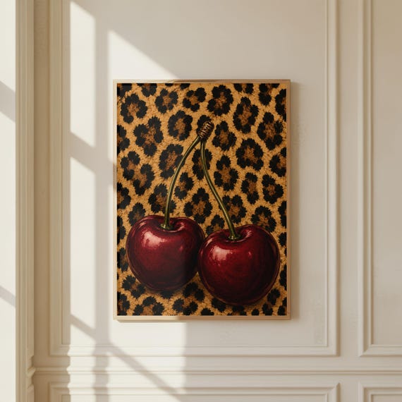 Cherry Leopard Wall Art Coquette Poster Maximalist Fruit Kitchen Decor