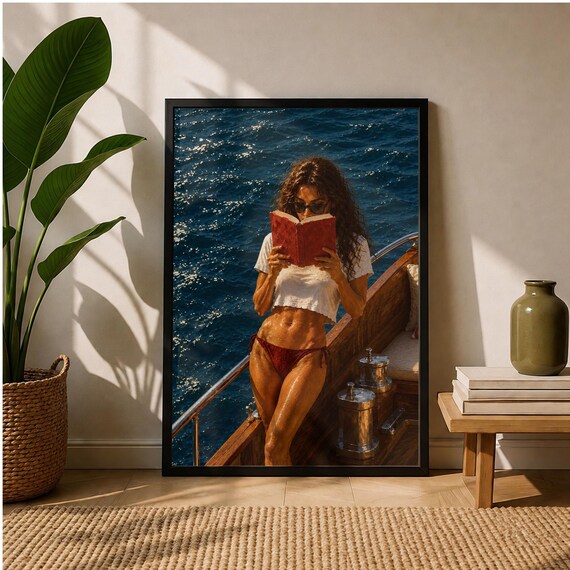 Woman Reading Yacht Deck Summer Ocean Book Lover Coastal Poster