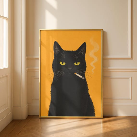 Funny Black Cat Smoking Poster Retro Wall Art Moody Animal Decor
